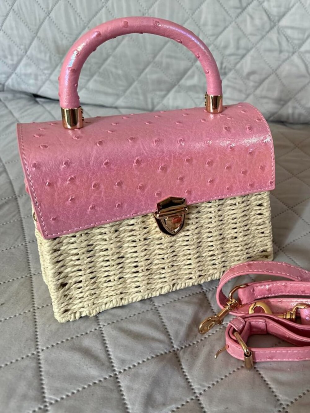 Neiman Marcus Boho Handmade Ostrich Vegan Leather Straw Top Handle Bag